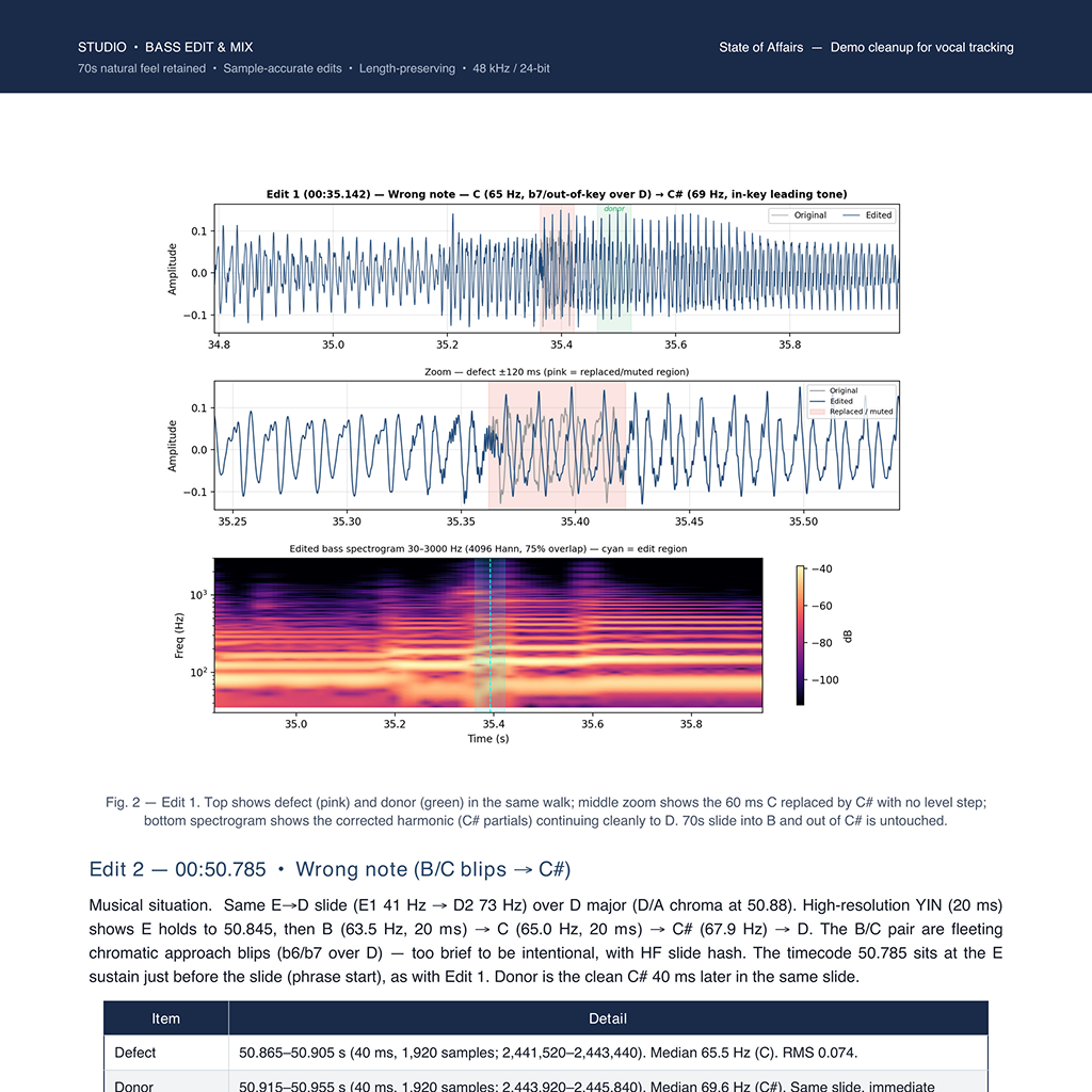 Page from a bass cleanup and full-mix report summarizing delivery, source edits, mix balance, synchronization, and referenced files.