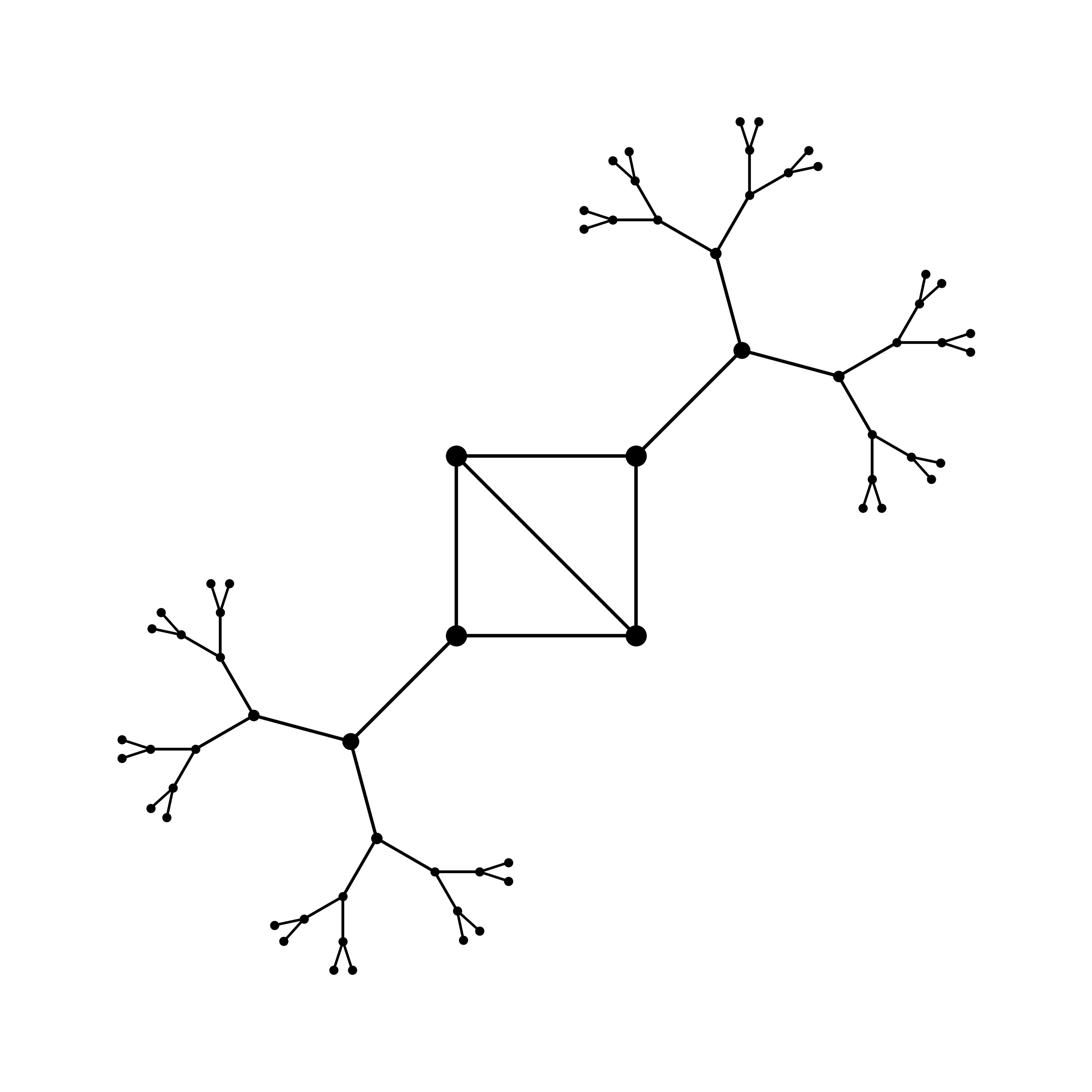Skeleton of a genus-two Mumford curve, with a two-loop central graph and infinite branching trees.