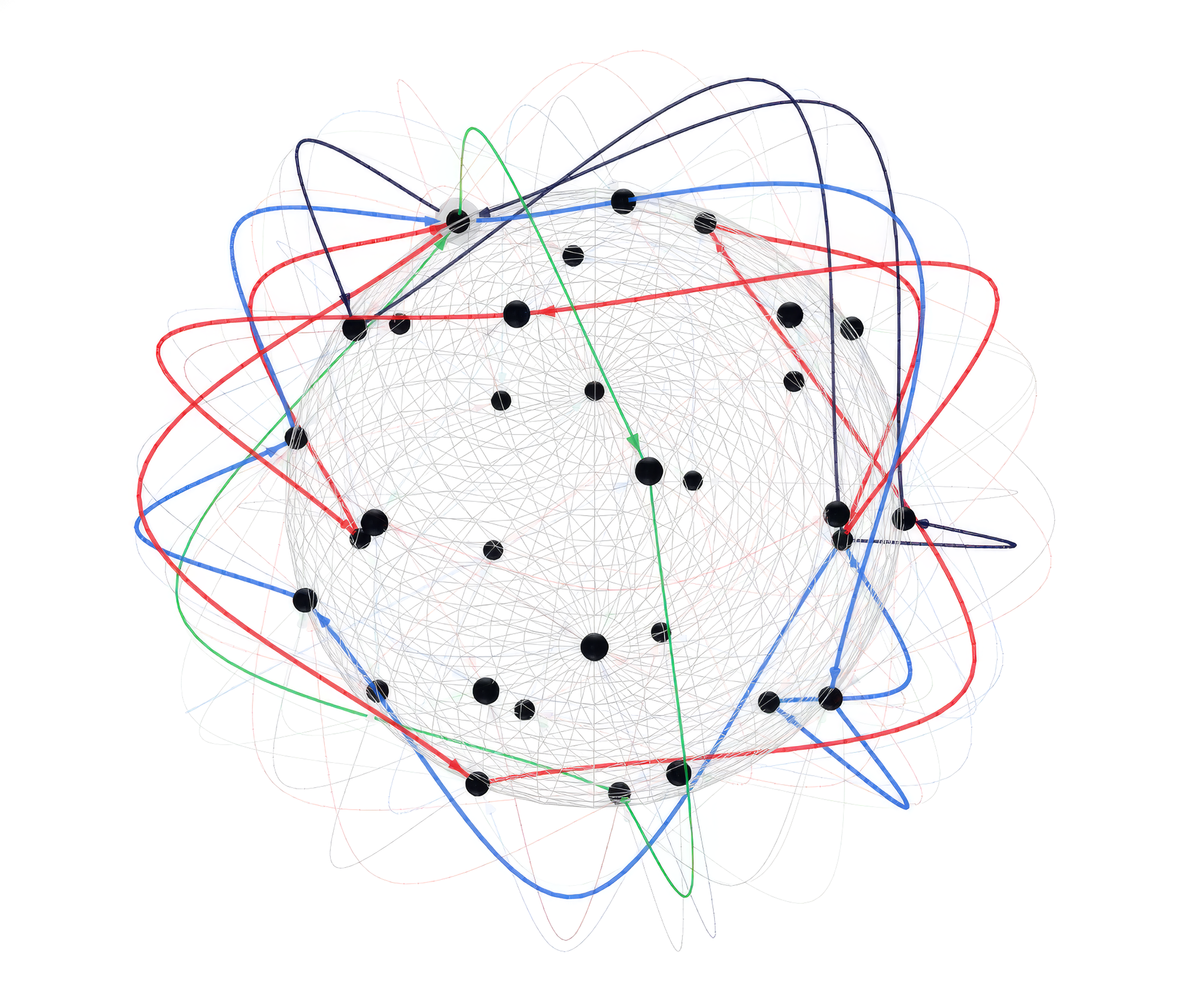Network diagram of the Galois group action of SmallGroup(384, 20127), with one highlighted root and generator cycles traced in blue, red, green, and navy.